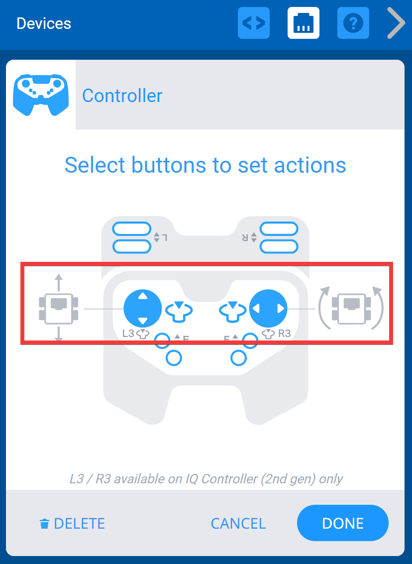 VEXcode IQ eszközök menü a megjelenített vezérlőopciókkal. A bal és jobb joystick gombok ikonokkal vannak ellátva, amelyek jelzik, hogy csatlakoznak a hajtásláncon lévő Split Arcade-hez.