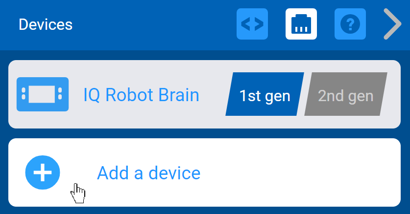 VEXcode IQ Devices মেনুতে "একটি ডিভাইস যোগ করুন" বোতামটি নির্বাচন করা আছে।