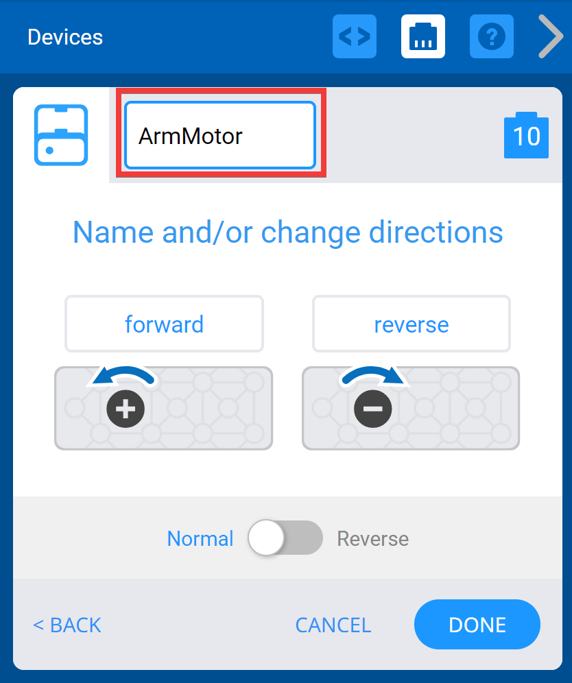 หน้าต่างอุปกรณ์ VEXcode IQ พร้อมแสดงตัวเลือกมอเตอร์ ด้านบนชื่อมอเตอร์จะถูกเน้นเพื่อระบุว่าสามารถเปลี่ยนชื่อได้ ในตัวอย่างนี้ ชื่อจะถูกตั้งเป็น ArmMotor
