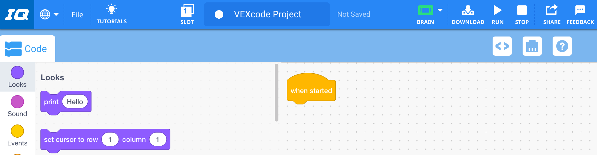 โครงการบล็อกว่างเริ่มต้นจะเปิดอยู่ในพื้นที่ทำงาน VEXcode IQ