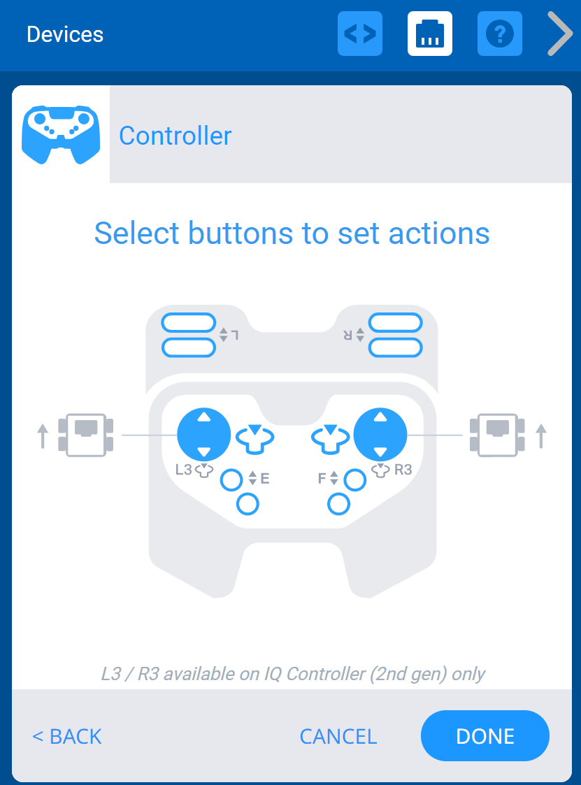 Menu Dispositivi VEXcode IQ con le opzioni del Controller visualizzate. I pulsanti sinistro e destro del joystick presentano delle icone che indicano che sono collegati al serbatoio sulla trasmissione.