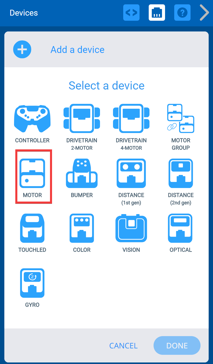 Menu Thiết bị VEXcode IQ sau khi nút Thêm thiết bị được chọn. Tùy chọn Động cơ được tô sáng.