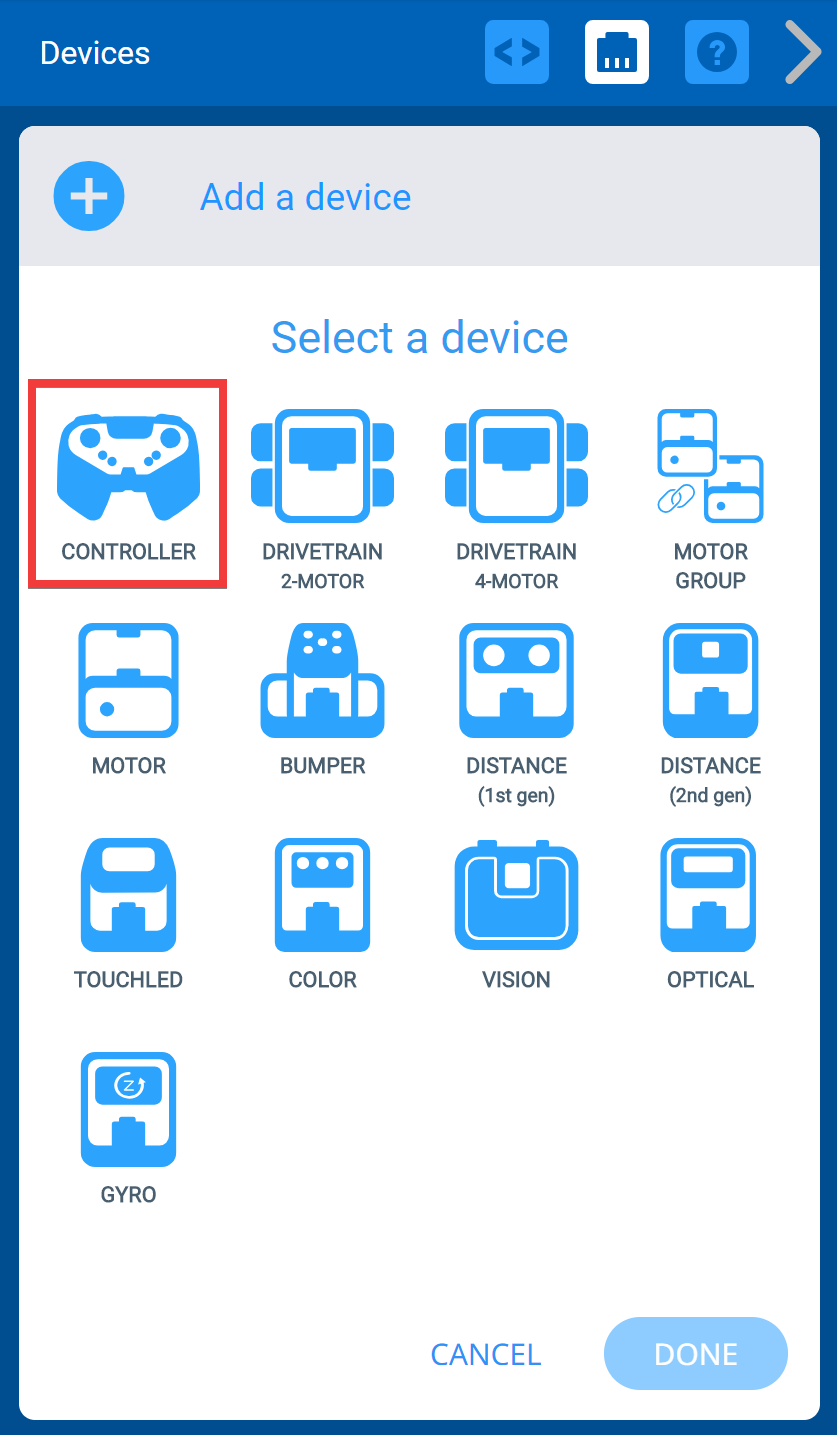 Menú VEXcode IQ Devices después de que se haya seleccionado el botón Agregar un dispositivo. La opción Controlador está resaltada.