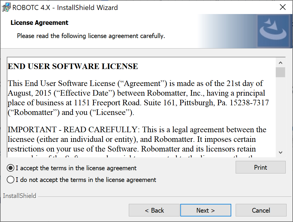 Kabul edilmesi gereken bir lisans sözleşmesinin yer aldığı ROBOTC Kurulum Sihirbazı penceresi. Aşağıda Lisans sözleşmesinin şartlarını kabul ediyorum seçeneği işaretli.