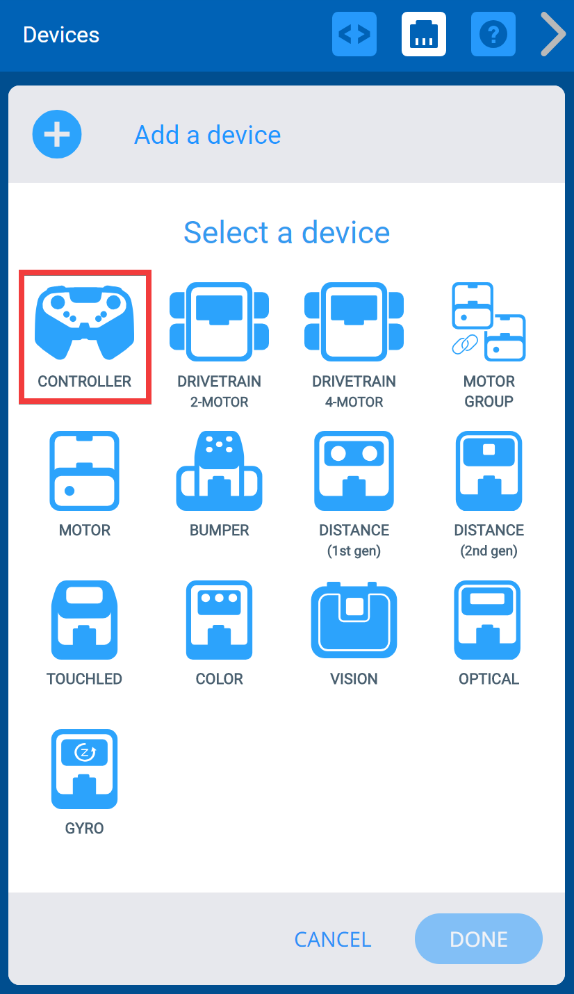 Menu Thiết bị VEXcode IQ sau khi nút Thêm thiết bị được chọn. Tùy chọn Bộ điều khiển được tô sáng.