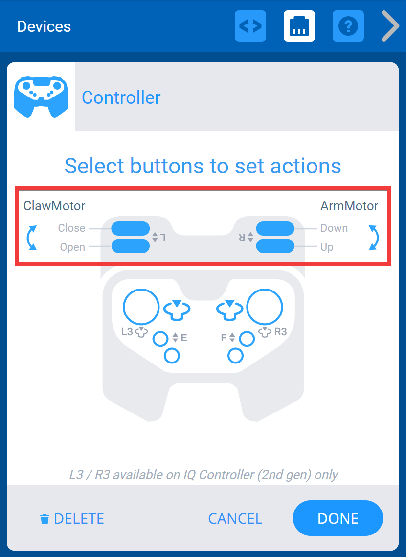 قائمة أجهزة VEXcode IQ مع خيارات وحدة التحكم المعروضة. يتم توصيل أزرار المحور L بمحرك يسمى ClawMotor، ويتم توصيل أزرار المحور R بمحرك يسمى ArmMotor.
