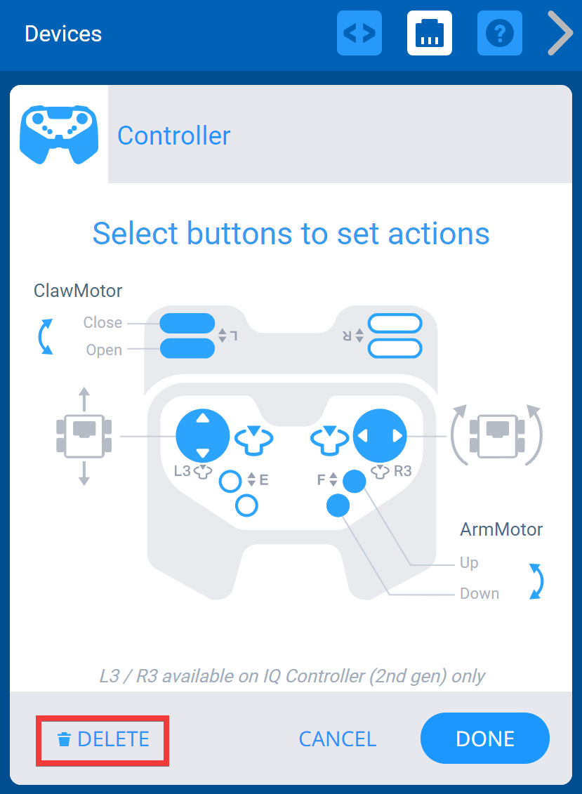 VEXcode IQ Devices-menu met de controlleropties weergegeven. De knop Verwijderen is hieronder gemarkeerd.
