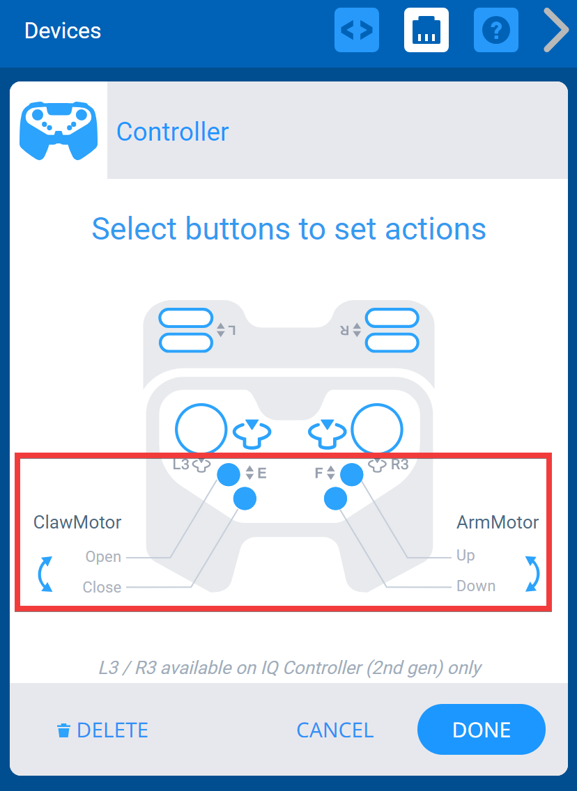Menu des périphériques VEXcode IQ avec les options du contrôleur affichées. Les boutons de l'axe E sont connectés à un moteur étiqueté ClawMotor, et les boutons de l'axe F sont connectés à un moteur étiqueté ArmMotor.