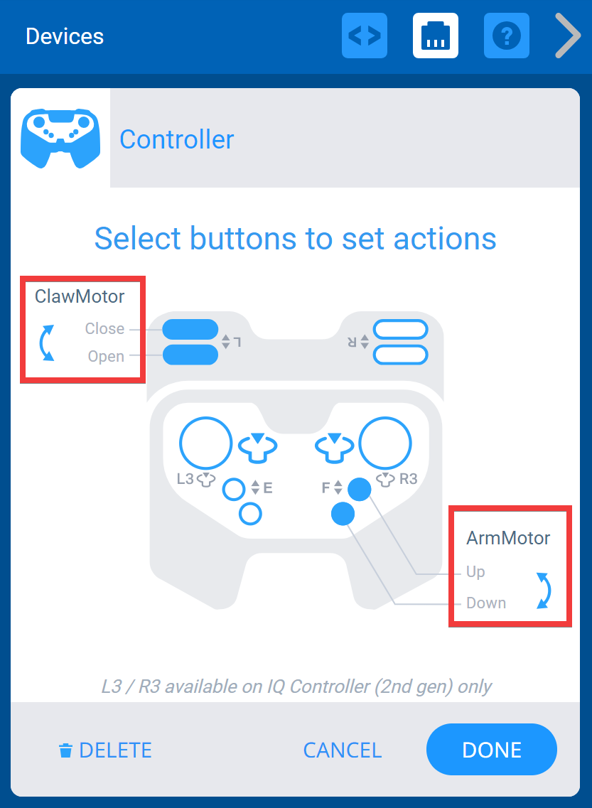 コントローラー オプションが表示された VEXcode IQ デバイス メニュー。 L 軸ボタンは ClawMotor というラベルの付いたモーターに接続され、F 軸ボタンは ArmMotor というラベルの付いたモーターに接続されています。 この例では軸は交換されていませんが、2 つのボタンの向きを反転するために使用できる強調表示されたボタンがあります。