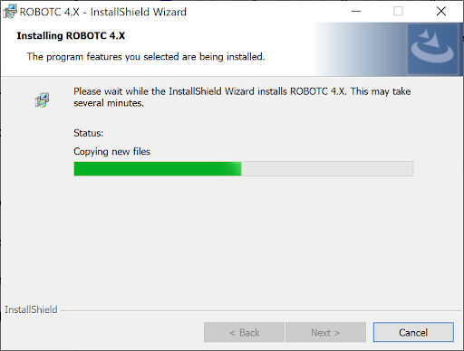 진행률 표시줄과 InstallShield 마법사가 ROBOTC 4.X를 설치하는 동안 기다려 주십시오라는 메시지가 표시된 ROBOTC 설치 마법사 창입니다. 이 작업에는 몇 분이 걸릴 수 있습니다.