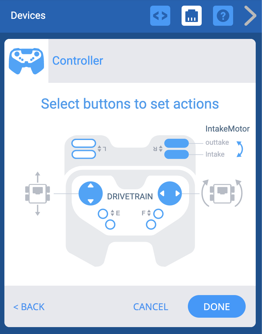 Menu du périphérique VEXcode IQ avec les options du contrôleur ouvertes, permettant de modifier les commandes. Les joysticks sont configurés en mode Split Arcade, et les boutons d'épaule R servent à contrôler le moteur d'admission.