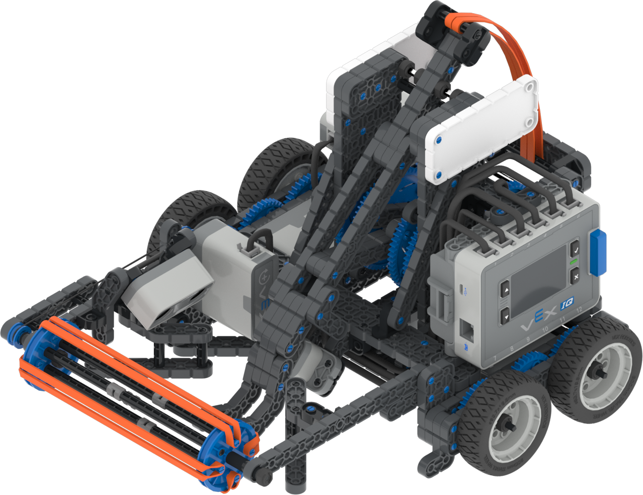 VEX IQ प्रतियोगिता रोबोट के डिजाइन और घटकों को दर्शाने वाला आरेख, शैक्षिक रोबोटिक्स प्रतियोगिताओं के लिए प्रमुख विशेषताओं और विन्यासों को प्रदर्शित करता है।