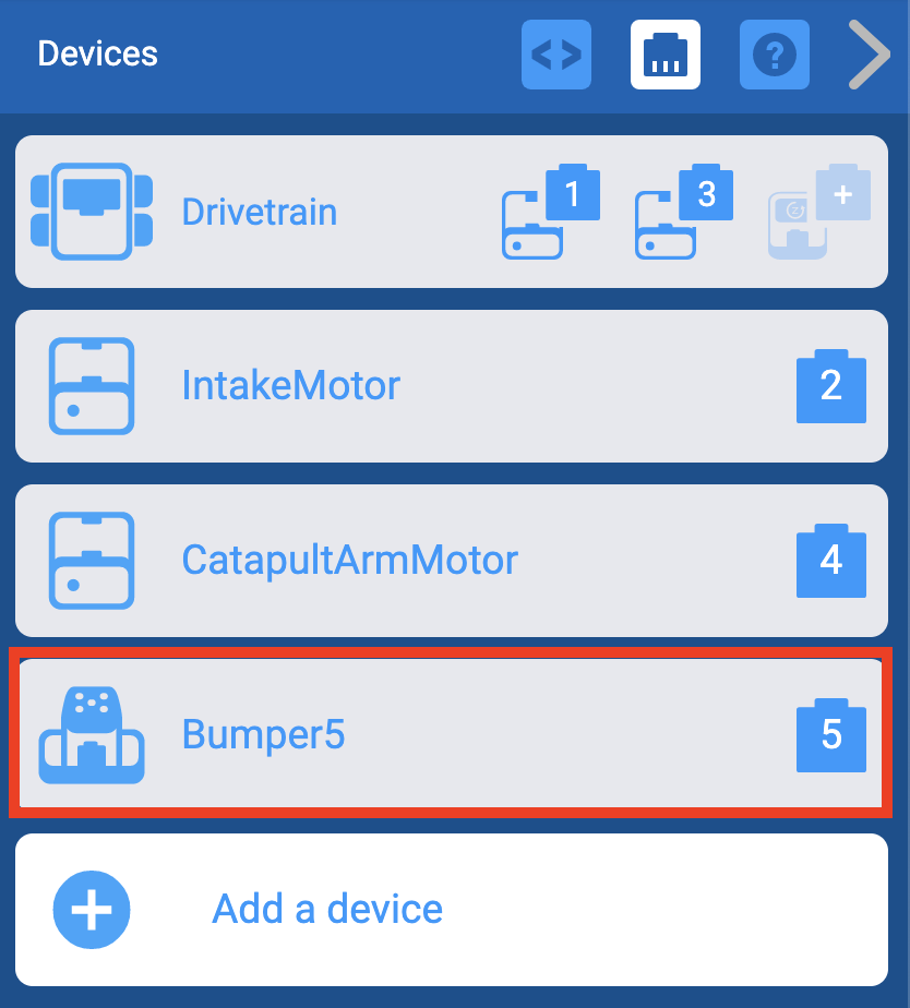 VEXcode IQ Devices menüsüne Bumper Switch cihazı eklendi. Tampon Anahtarı 5. Porttadır.