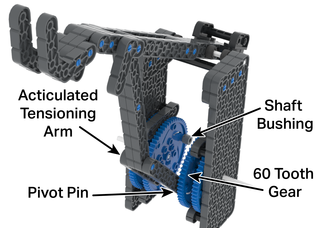 VEX IQ प्रतियोगिता रोबोट के घटकों और संरचना को दर्शाने वाला आरेख, शैक्षिक रोबोटिक्स परियोजनाओं के लिए विभिन्न भागों और उनकी व्यवस्था को प्रदर्शित करता है।