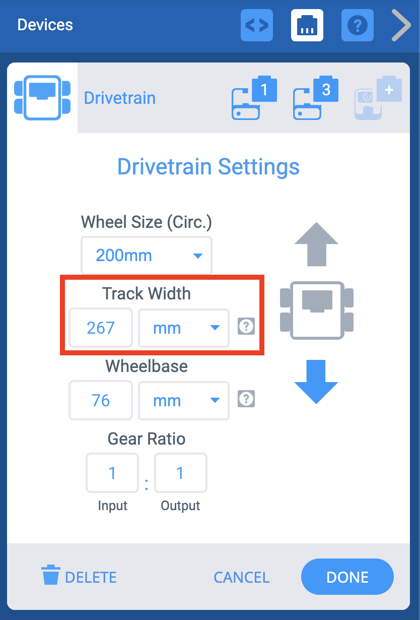 Menu de configuração do sistema de transmissão do VEXcode IQ Devices com a opção Largura da passadeira selecionada e alterada para 267 mm para corresponder à largura da passadeira do robô Fling.
