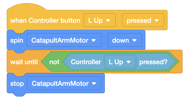 VEXcode IQ Blocks Stack ที่อ่านว่า เมื่อกดปุ่มควบคุม L ขึ้น ให้หมุน CatapultArmMotor ลง รอจนกว่าจะไม่กดปุ่มควบคุม L ขึ้น จากนั้นจึงหยุด CatapultArmMotor