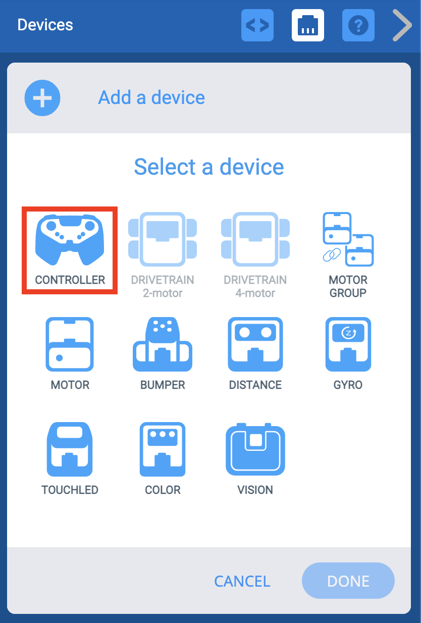 VEXcode IQ のデバイス追加メニューが開き、コントローラー オプションが強調表示されます。