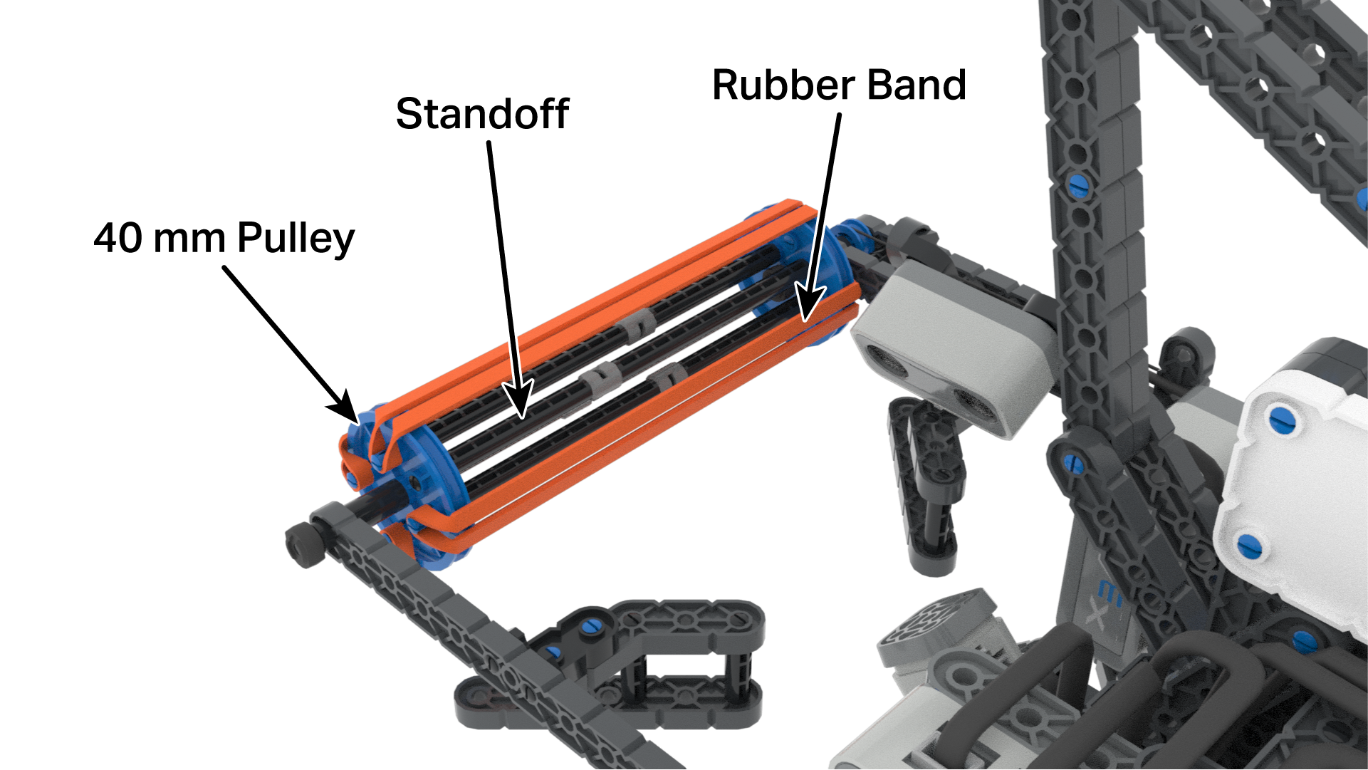 Vista en ángulo del Fling para resaltar las características de su sistema de admisión. Los separadores, las bandas elásticas y las poleas de 40 mm de la admisión están etiquetados para explicar mejor su construcción.