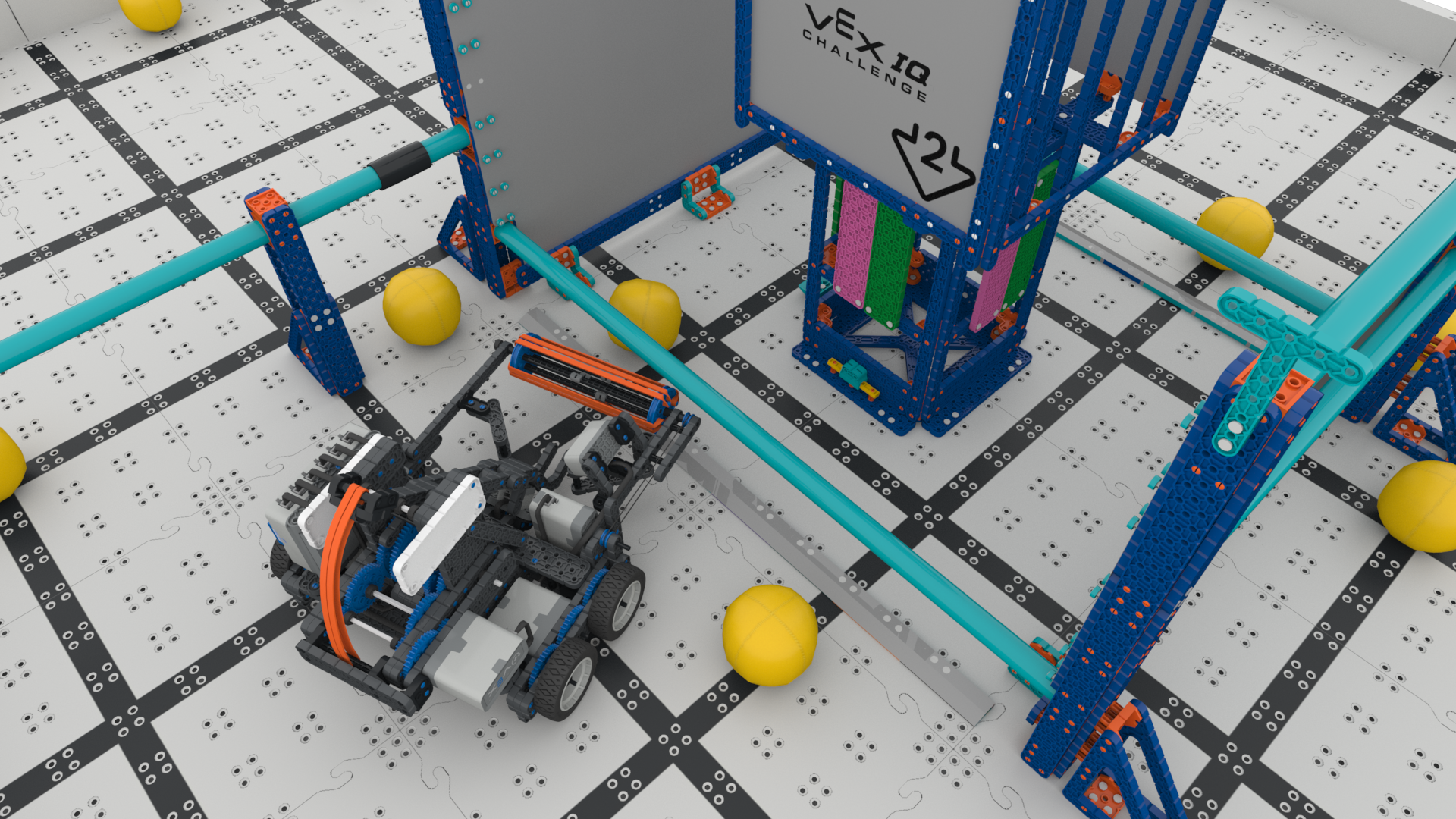 Lanzar un robot en el campo de juego anotando una pelota en el gol bajo usando su admisión.