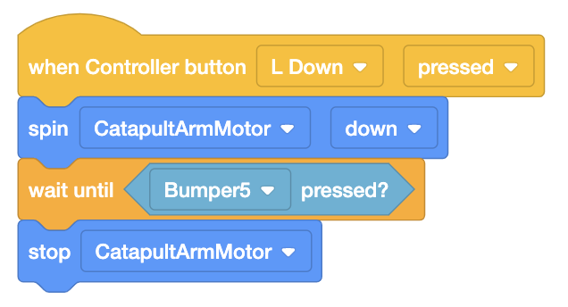 VEXcode IQ Blocks Stack ที่อ่านว่า เมื่อกดปุ่มควบคุม L ลง ให้หมุน CatapultArmMotor ลง รอจนกว่าจะกด Bumper5 แล้วจึงหยุด CatapultArmMotor