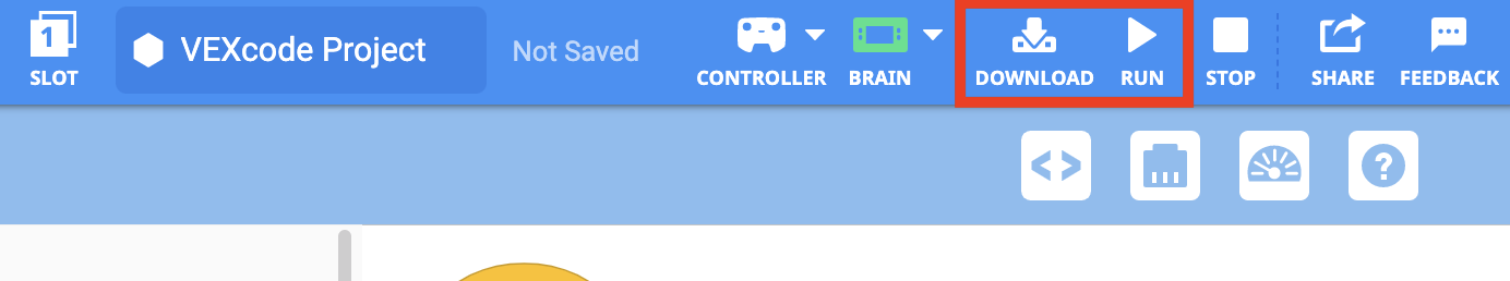 VEXcode IQ Toolbar mit den Symbolen „Herunterladen“ und „Ausführen“, die zwischen den Symbolen „Gehirn“ und „Stopp“ hervorgehoben sind.