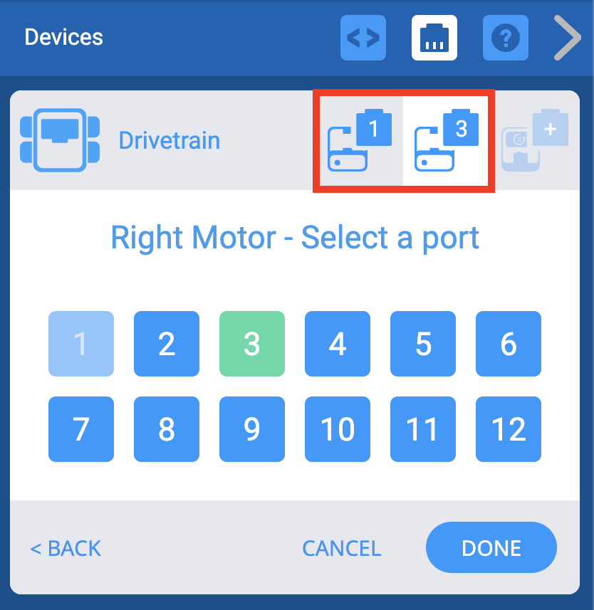Menu cấu hình hệ thống truyền động của VEXcode IQ Devices với các tùy chọn Cổng thông minh được tô sáng để có thể thay đổi cho phù hợp với động cơ truyền động của robot Fling. Động cơ bên trái phải ở Cổng 1 và động cơ bên phải phải ở Cổng 3.
