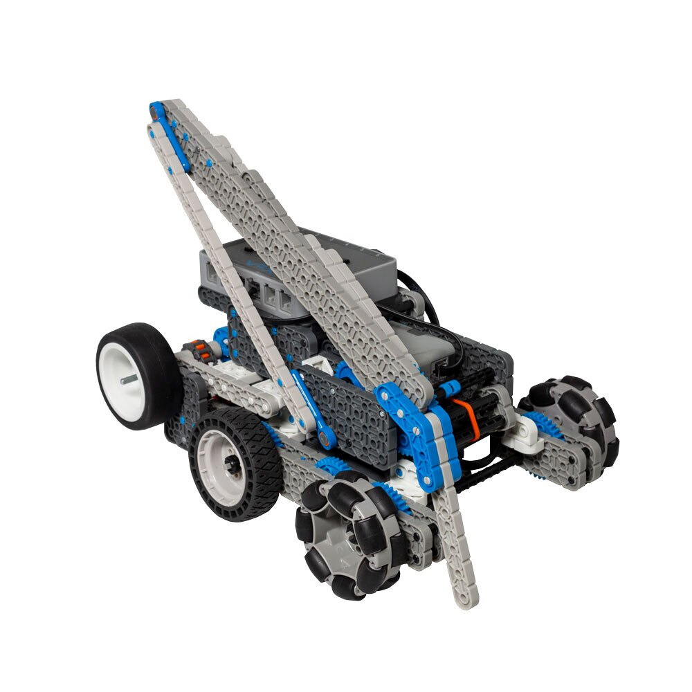 VEX IQ प्रतियोगिता रोबोट विभिन्न घटकों के साथ एक रंगीन डिजाइन का प्रदर्शन करता है, जो शुरुआती और उत्साही लोगों के लिए VEX IQ रोबोटिक्स प्लेटफॉर्म के शैक्षिक और अभिनव पहलुओं पर प्रकाश डालता है।