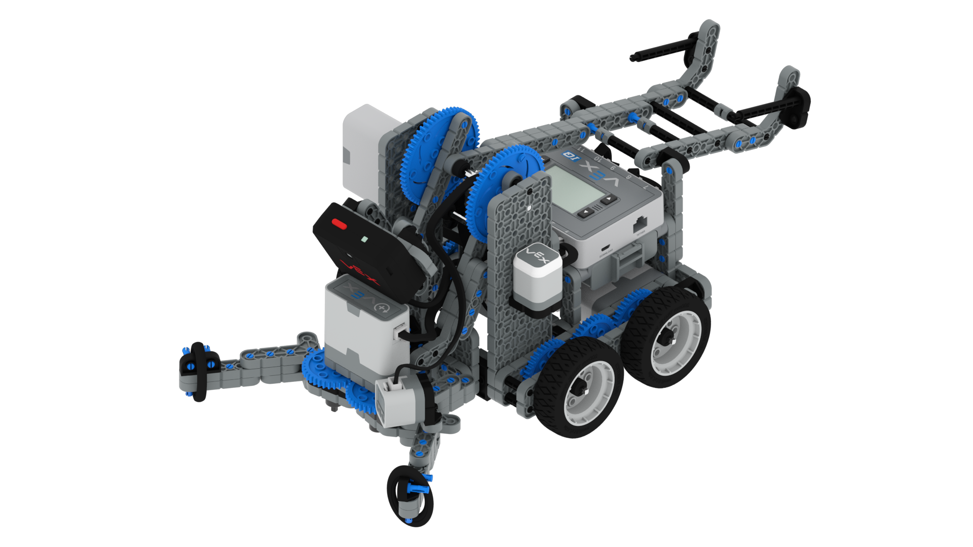 Schuin aanzicht van een Clawbot IQ-model met een bevestigde Vision Sensor die naar de klauw is gericht.