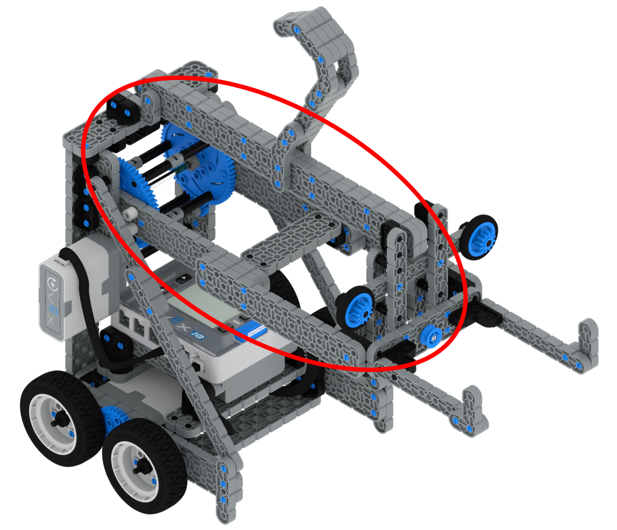 Schuin aanzicht van de Flex-robot, waarbij de armconstructie met haak en vork goed te zien is.