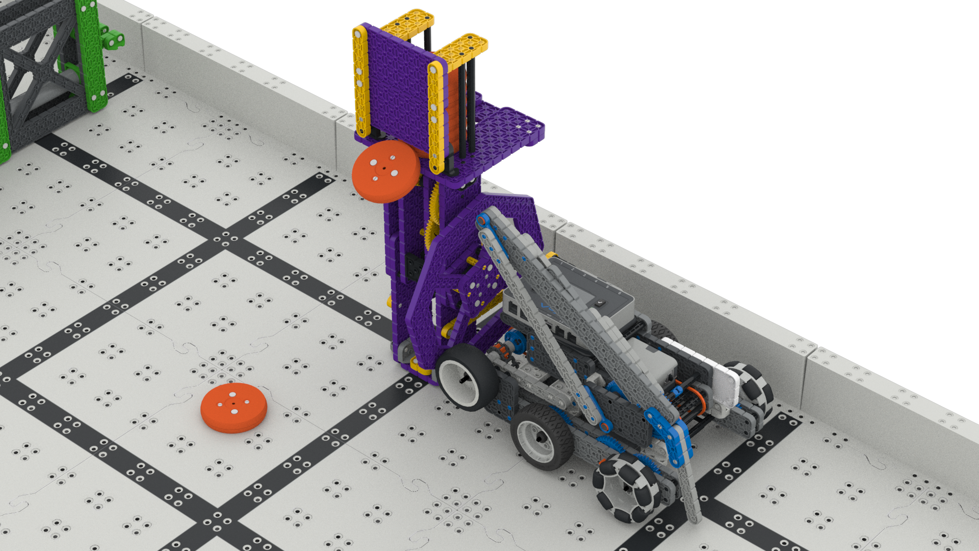Snapshot robots Slapshot spēles laukumā griež violeto dozatoru, lai pēc tam savāktu un novērtētu tā diskus.