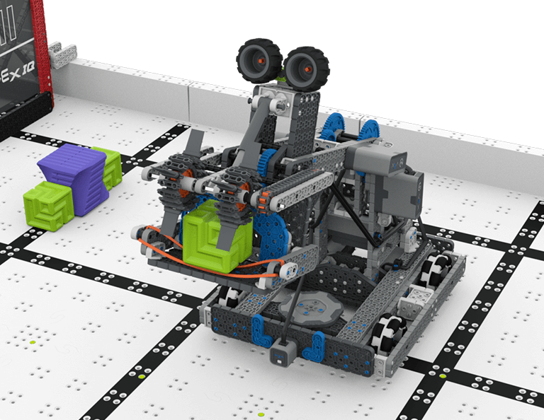 VEX IQ प्रतियोगिता रोबोट के डिजाइन और घटकों को दर्शाने वाला आरेख, रोबोटिक्स प्रतियोगिताओं में इष्टतम प्रदर्शन के लिए विभिन्न भागों और उनकी व्यवस्था को दर्शाता है।