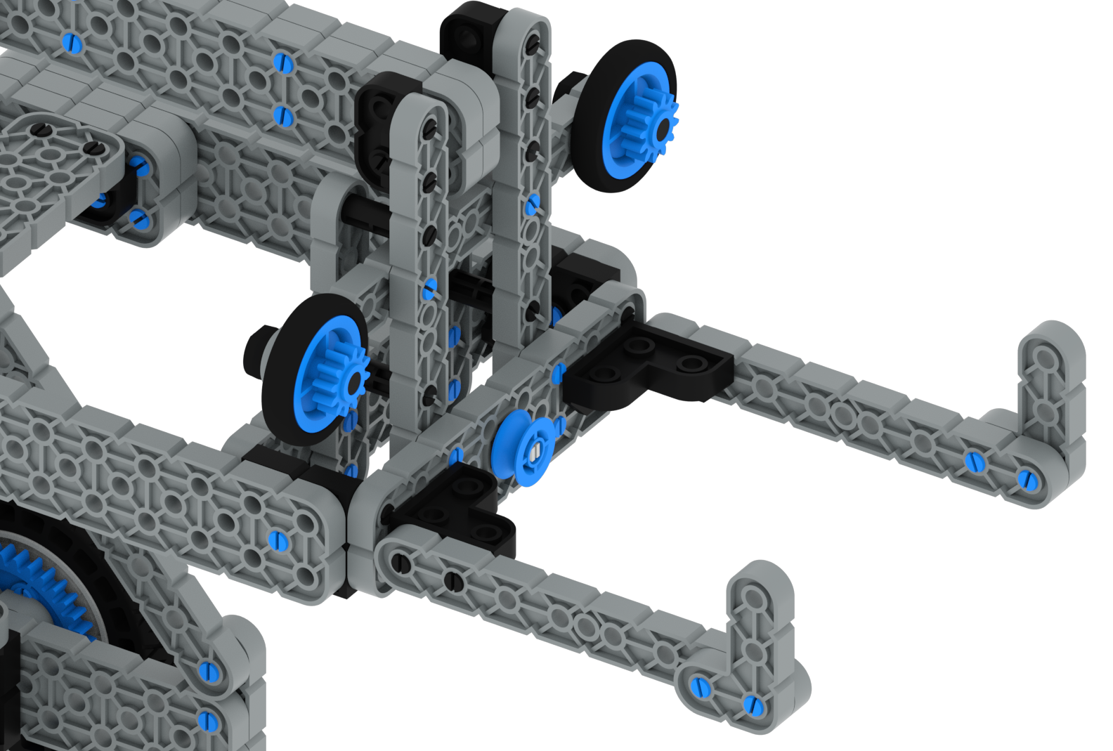 Schräge Ansicht des Flex-Roboteraufbaus zur Verdeutlichung der Gabelbaugruppe.