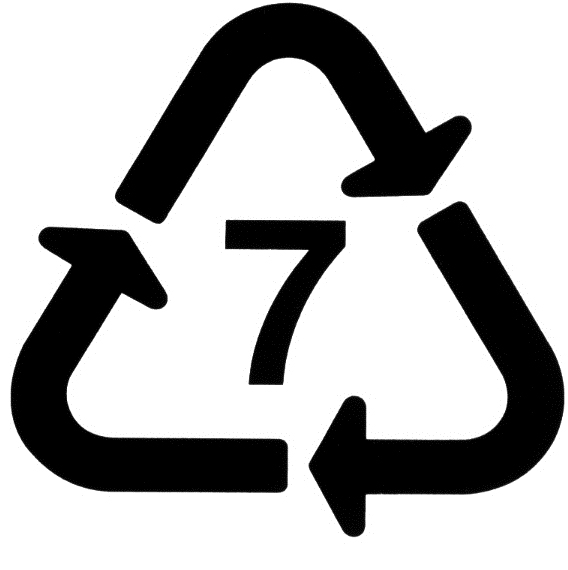 Kierrätyskuvake, jossa on numero 7.