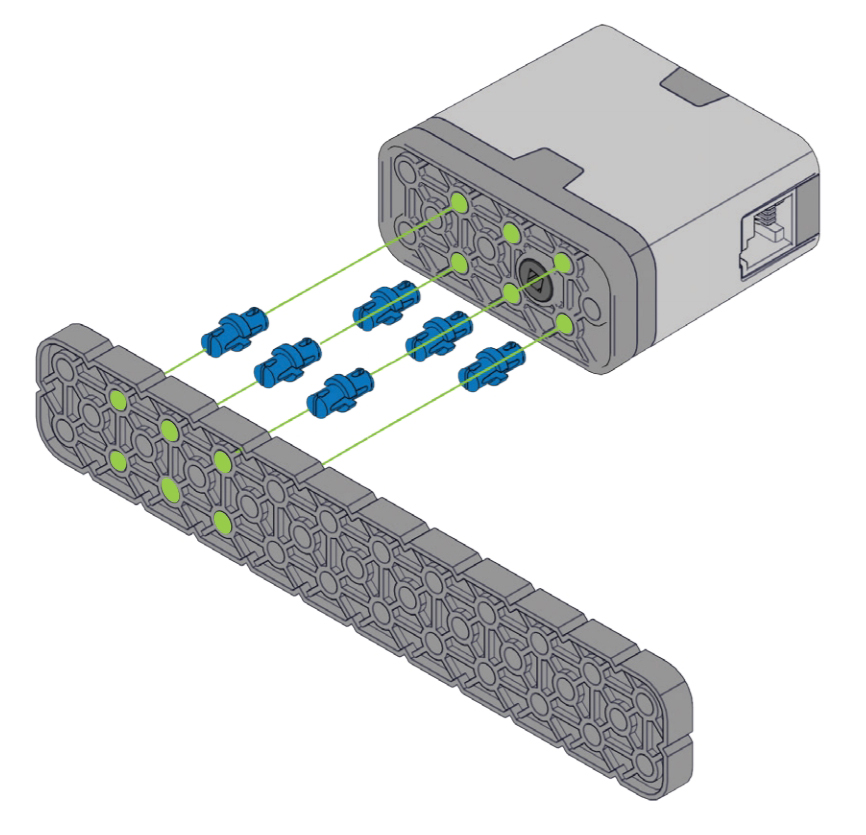 ビルド指示手順を例として示します。 このステップでは、6 個の 1 x 1 コネクタ ピンを使用して、スマート モーター部品をビームに接続します。 緑色の線が強調表示され、各ピースの正確な位置と数を示します。