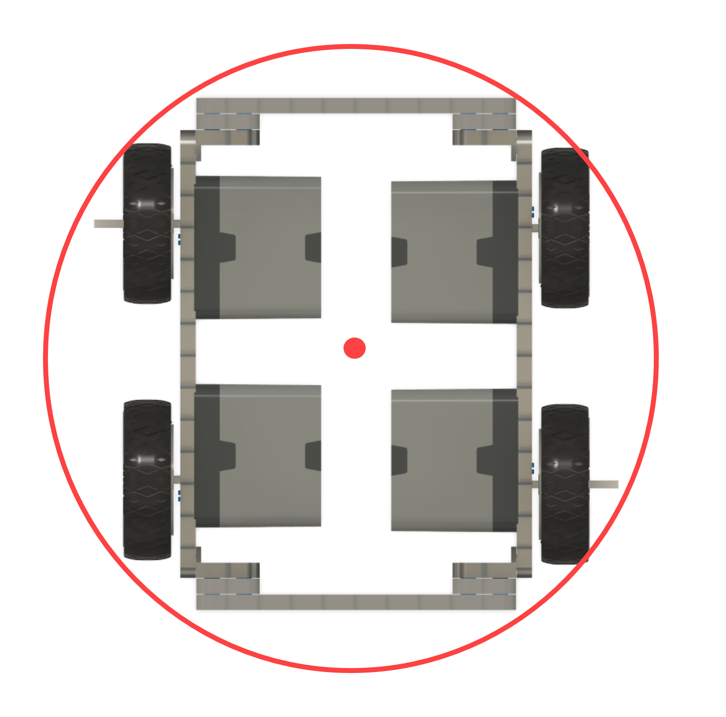 Vista superior de um sistema de transmissão com 4 motores, com um círculo e um ponto que representam o seu centro de rotação quando se realiza uma curva em torno do próprio eixo. O centro de rotação está localizado exatamente no centro dos 4 motores.