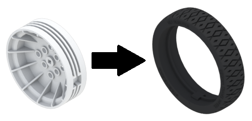 Diagram bagian Hub Roda 64mm dengan tanda panah yang menunjukkan bahwa bagian tersebut dapat masuk ke bagian Roda Travel 250mm.