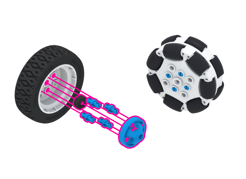 シャフト カラー ピースと 4 つの 1x1 ピンを使用して 2x2 センター オフセット ラウンド ロック ビームを 44mm ホイール ハブに配置する図。 ピンはハブの穴からロック ビームの穴に直接接続され、シャフト カラーはハブとロック ビームの間のシャフトにフィットするように配置されます。