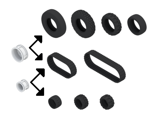 Diagramma, kurā parādītas visas riteņu detaļas, kuras var uzlikt attiecīgi uz 48,5 mm un 32,2 mm riteņu rumbām.