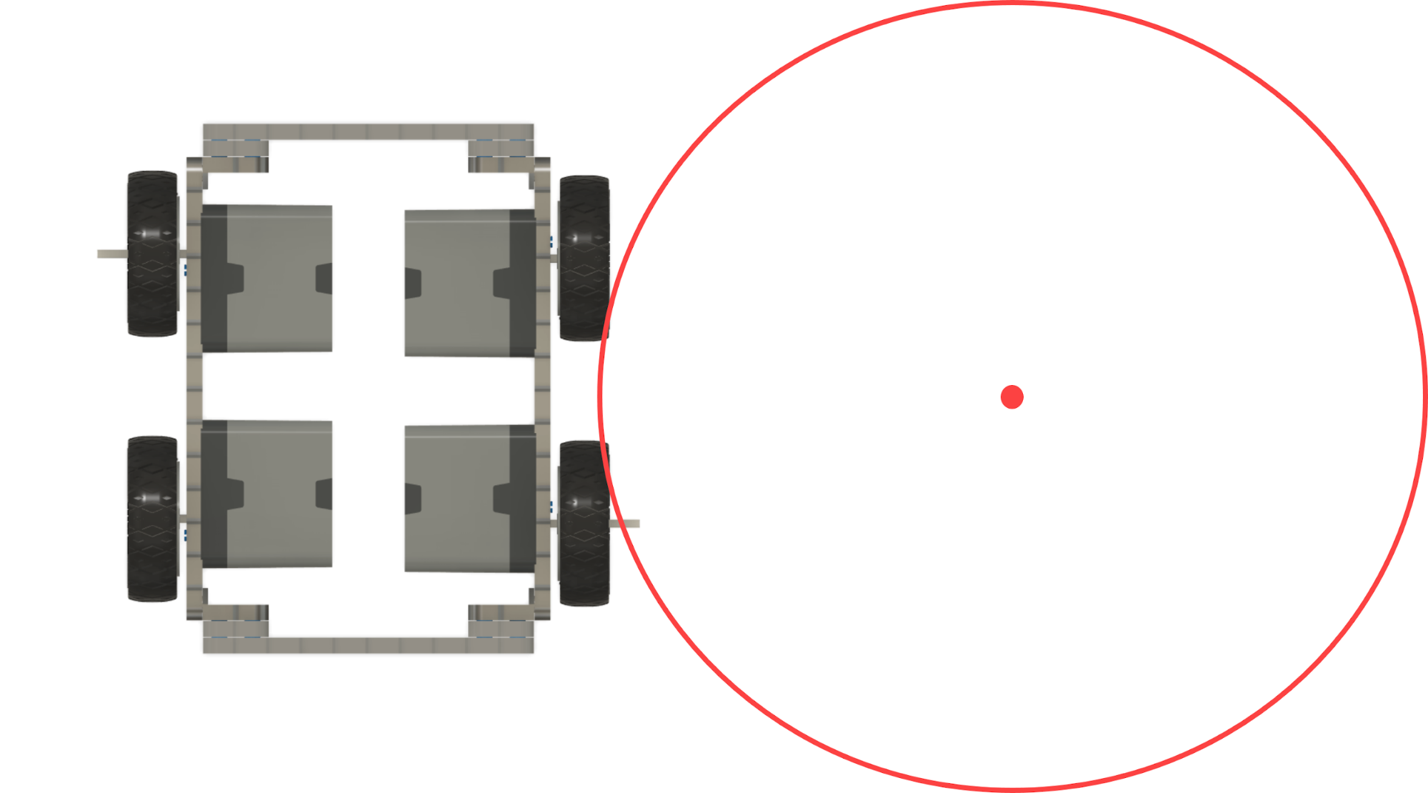 Draufsicht auf einen 4-Motoren-Antriebsstrang mit einem Kreis und einem Punkt, die den Drehpunkt bei einer Bogenkurve darstellen. Der Drehpunkt befindet sich weit rechts vom Roboter und nicht zwischen irgendwelchen Motoren.