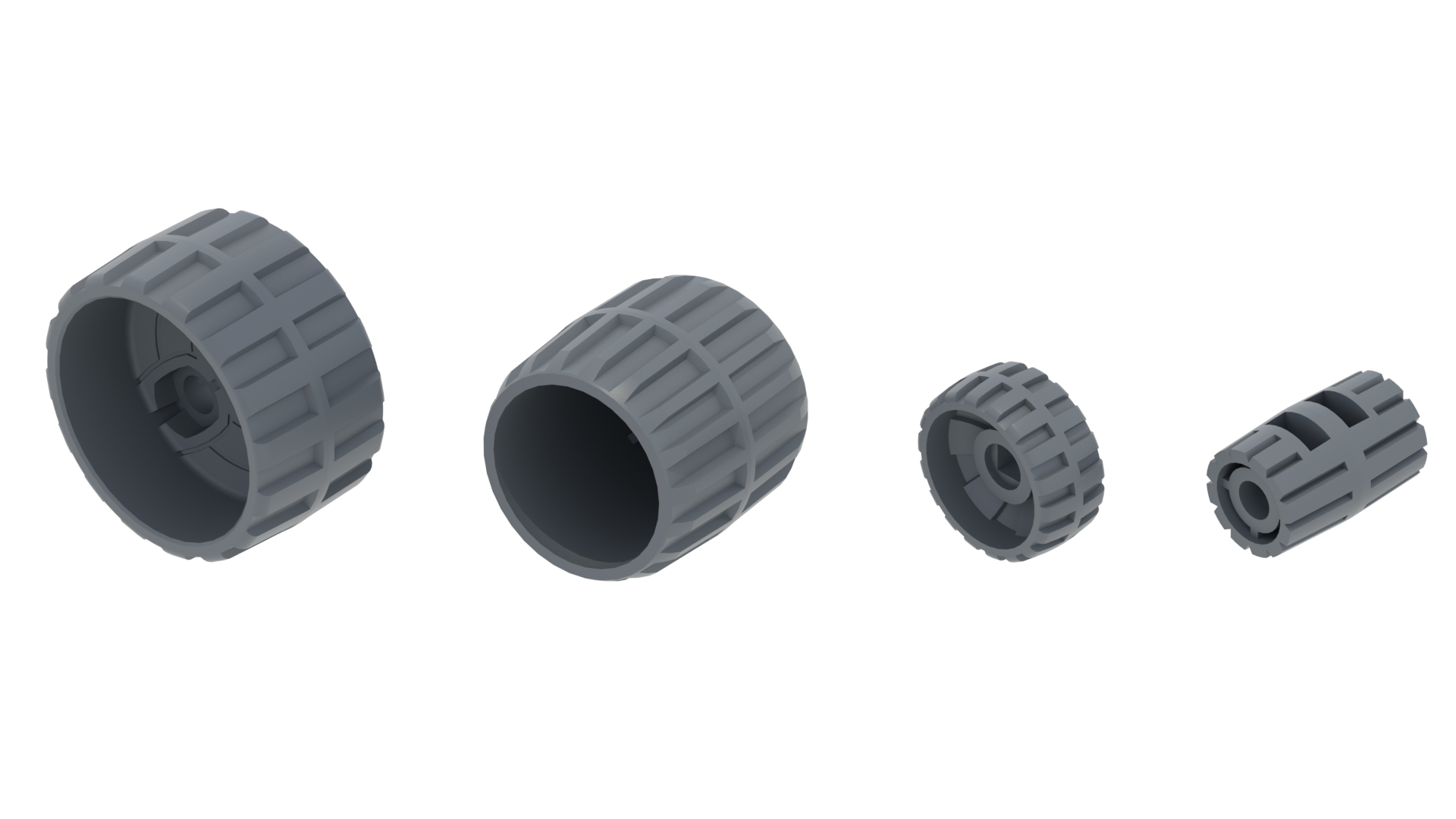 Schema van 4 verschillende typen VEX IQ Rover-wielen.
