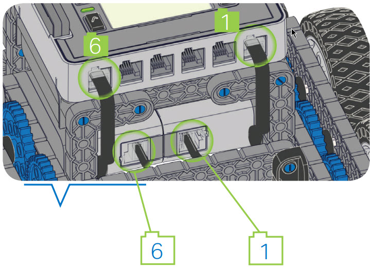 A titolo di esempio viene mostrato il passaggio delle istruzioni di compilazione. In questa fase, i cavi collegano un cervello a due motori intelligenti e vengono annotate le porte intelligenti. I numeri indicano la porta specifica per ciascun motore, uno nella porta 6 e uno nella porta 1.