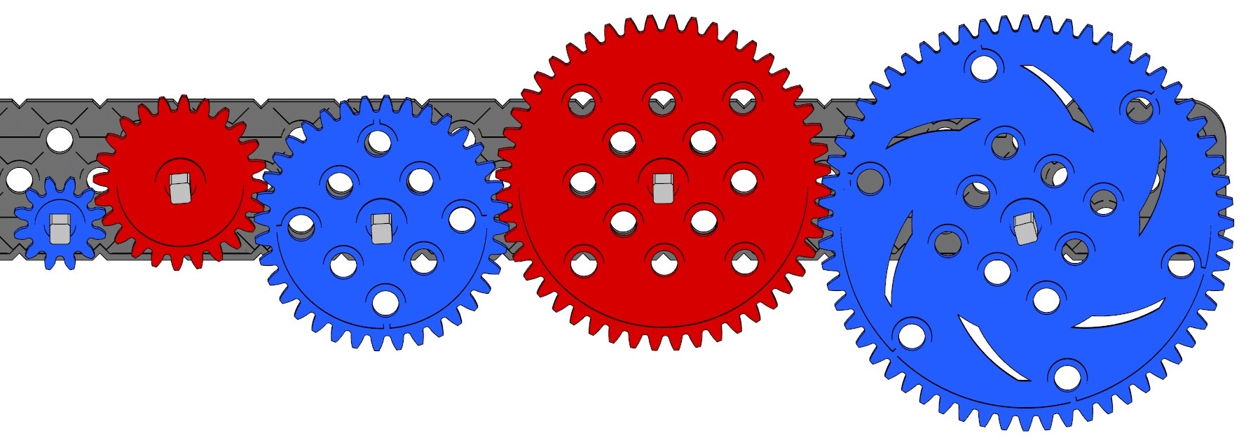 Diagramma di una serie di ingranaggi collegati, in cui un ingranaggio di ogni dimensione viene utilizzato in ordine consecutivo. I denti degli ingranaggi sono 12, 24, 36, 48 e poi 60.