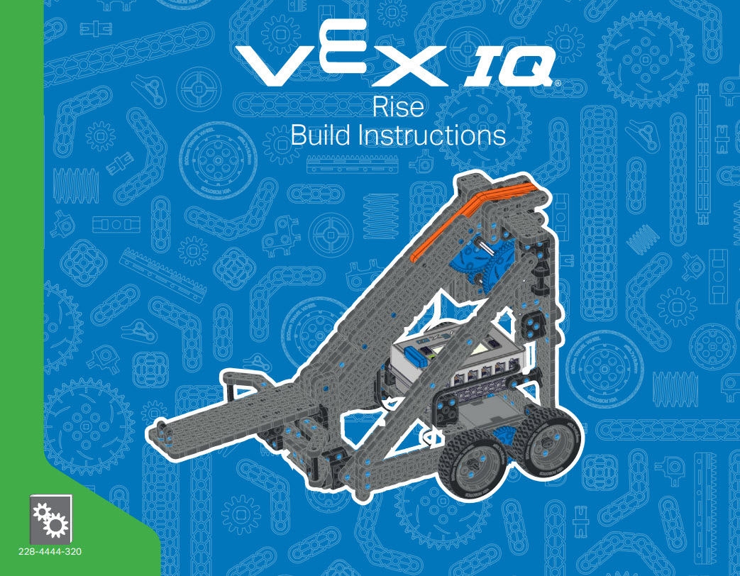 Rise Hero Bot būvēšanas instrukciju priekšējais vāks. Rise ir 2020.–2021. gada VEX IQ izaicinājuma ar nosaukumu Rise Above varonis.