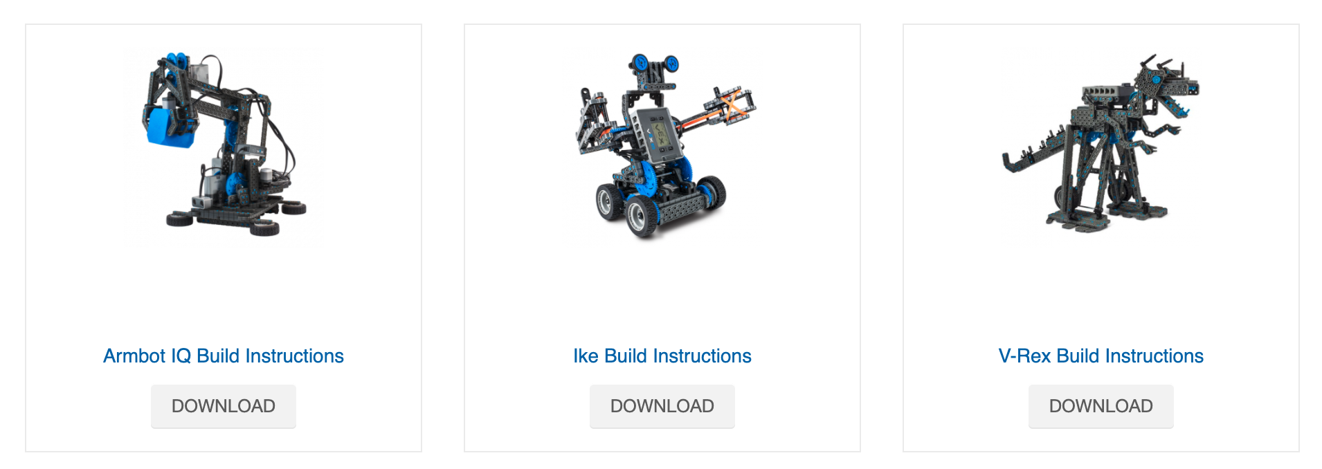 Screenshot von drei Bauanleitungen für IQ-Roboter, die als PDFs heruntergeladen werden können.