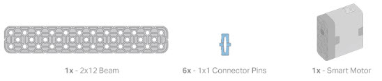 ビルド手順の例に必要なパーツのリスト。 リストされているのは、2 x 12 ビーム 1 個、1 x 1 コネクタ ピン 6 個、およびスマート モーター 1 個です。