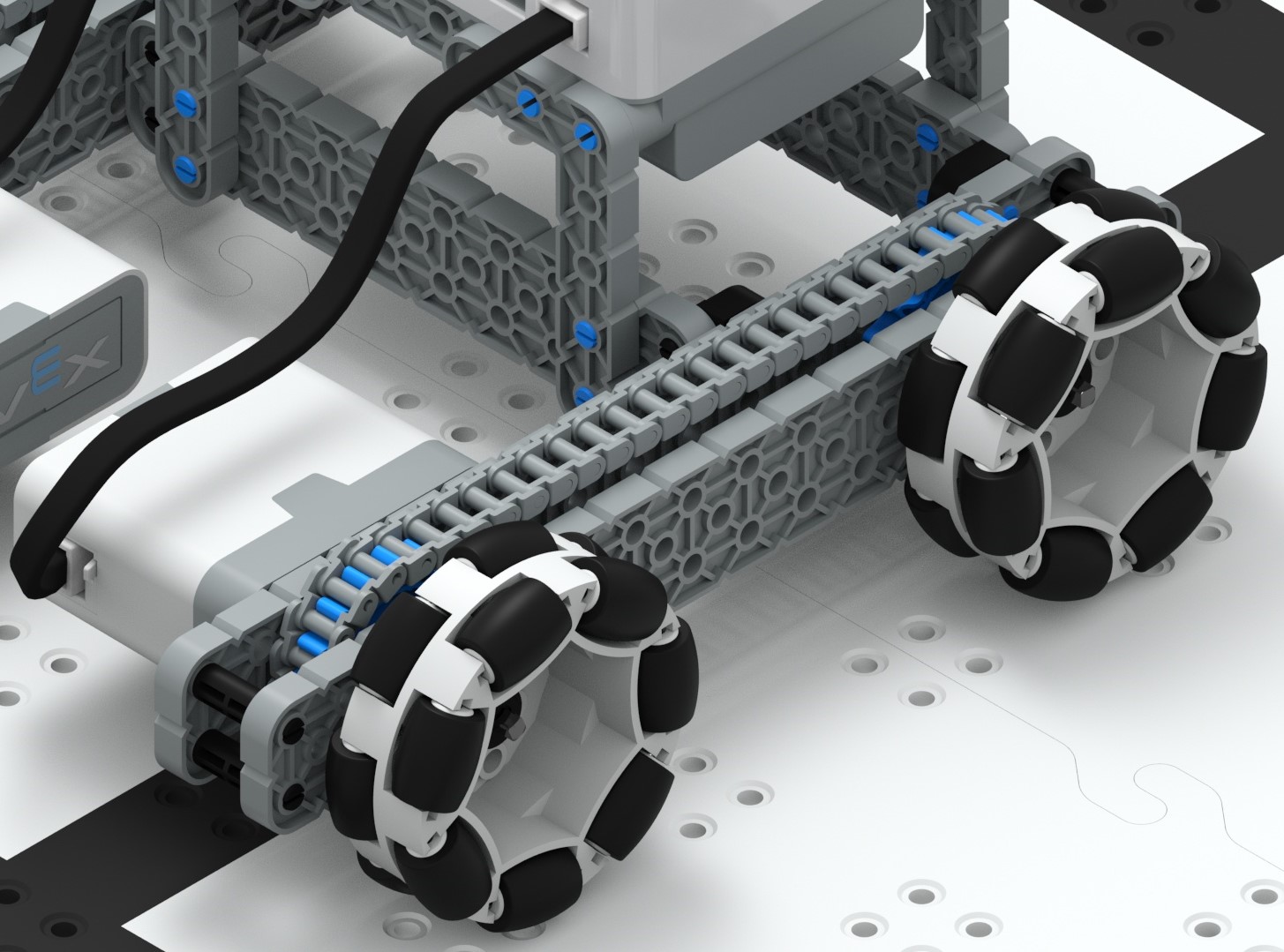 VEX IQ रोबोट की गति क्षमताओं को दर्शाने वाला आरेख, शैक्षिक रोबोटिक्स परियोजनाओं के लिए विभिन्न गति तंत्रों और विन्यासों को प्रदर्शित करता है।