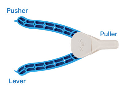 Esquema da ferramenta VEX Pin Tool, com o ponto central identificado como Extrator, a extremidade de uma das pegas como Empurrador e a outra pega como Alavanca.