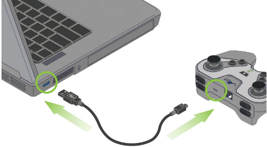 Diagrama de um controlador a ser carregado por um computador portátil usando um cabo USB.
