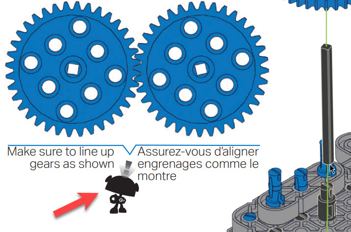 A etapa de instruções de montagem é mostrada como exemplo. Existe um ícone de um robô com binóculos e duas engrenagens por cima. O texto diz: Certifique-se de que alinha as engrenagens como mostrado.