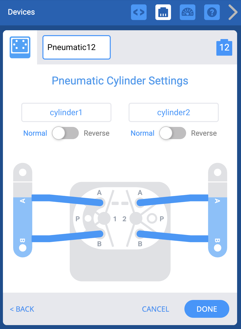 Menu pneumatique des appareils VEXcode IQ après la sélection du port intelligent. Il existe un schéma du solénoïde avec deux vérins pneumatiques, et des options permettent d'inverser les entrées et les sorties du vérin. Par défaut, les broches A et B du solénoïde sont connectées aux broches A et B du cylindre.
